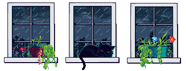a cat sleeping on a windowsill while it rains outside